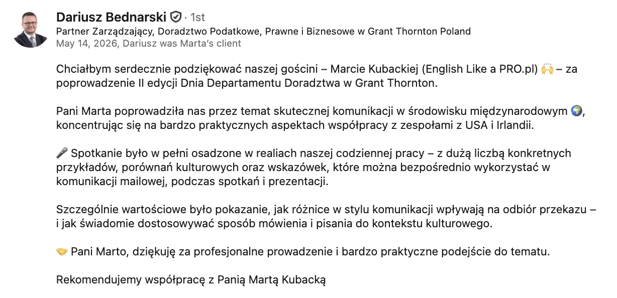 Opinia po szkoleniu English Like a PRO dla Grant Thornton